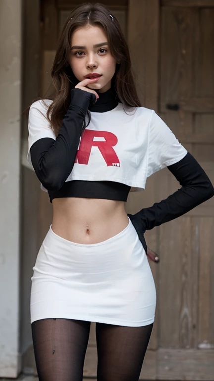 (masterpiece, Best quality:1.2), 1 girl, One, (shiny glossy latex:1.3), Kilje, standing, green eyes, multicolored hair, high waist leggings, crop top, White T-shirt, street, necklace, Look at the belly,