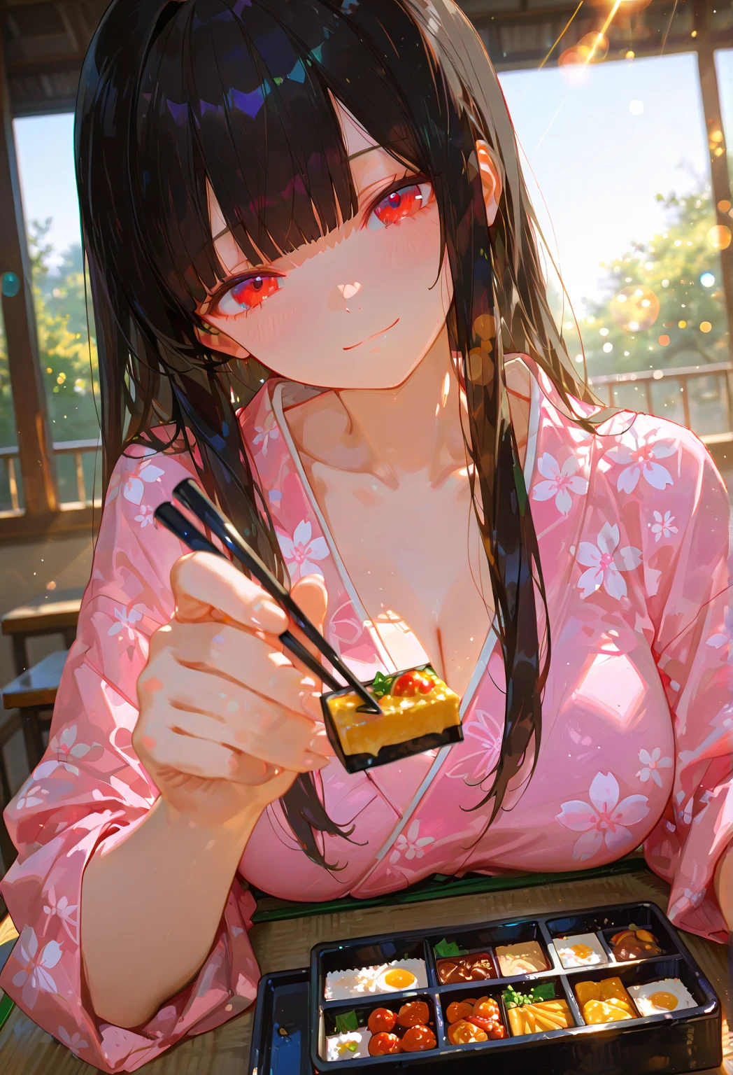 Short hair,  woman, small breasts, red sharp eyes, big eyes, cute girl, eating sushi, Japanese sushi, big smile, nice smile, detailed face, busty camera angle