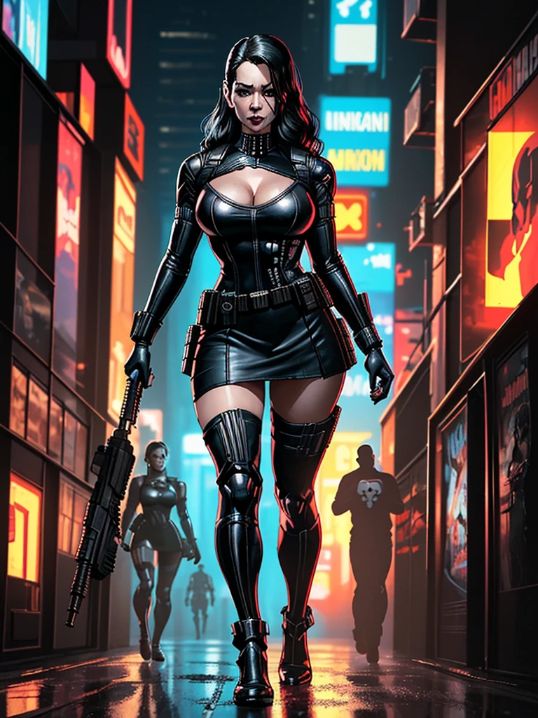 there is Rita Hayworth standing, nice ass, thigh high boots, 3 d neon art of a woman's body, neon-noir background, cyberpunk femme fatale, seductive cyberpunk dark fantasy, cyberpunk strip clubs, cyberpunk 20 y. o model girl, oppai cyberpunk, banner, high definition cgsociety, cgsociety masterpiece, trending on cgstation, kda, random hair, looking at camera, gigantic breasts, cleavage, (high detailed skin:1.2), 8k uhd, dslr, super lighting, high quality, film grain, high res, highly detailed, hyper realistic, beautiful face, beautiful body, beautiful eyes nose lips, alluring expression, very bold, upper visible, full body photo, standing legs apart, pale translucent glowing skin, most beautiful face, cute, (well defined pubic hair:1.2)), (dark plain black background:1.4))