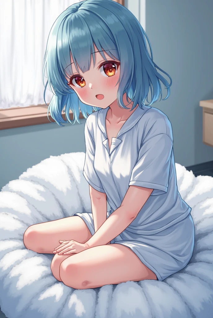 girl,(Dive into bed),(open mouth smile),((Active and lively)),(lilac hair),(orange eyes),(White T-shirt with one-point print)