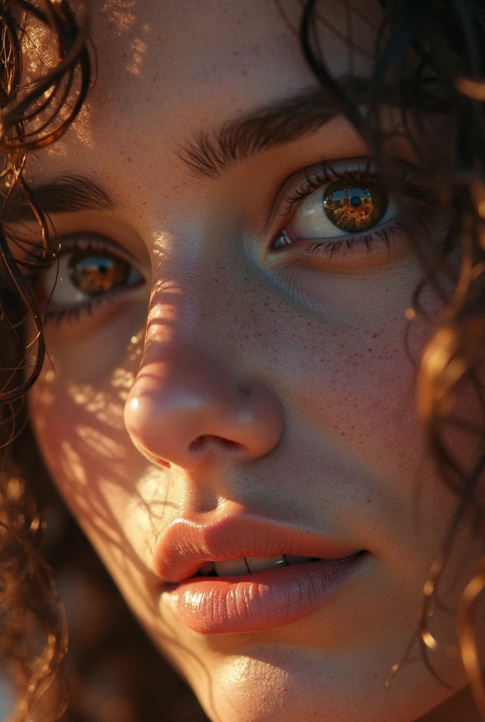 ((A mesmerizing girl in an orange crop top)) with golden, crystal-like eyes, rendered in fine details. Breathtaking artwork in a painterly art style, exhibiting high quality and 8k resolution. The piece boasts exquisite composition and lighting, achieving masterpiece status. Captured during the golden hour, the soft focus highlights an epic fantasy atmosphere with vibrant color grading. Shot from a high-angle and dramatic extreme angles, the image features bright color grading, close-up portraiture, sun flares, and long exposure. Soft focus and depth of field are meticulously maintained in this 8k photo, enhanced with HDR and professional lighting. Taken with a Canon EOS R5 and a 75mm lens, the artwork includes low-angle shots and extreme close-ups to intensify its allure.