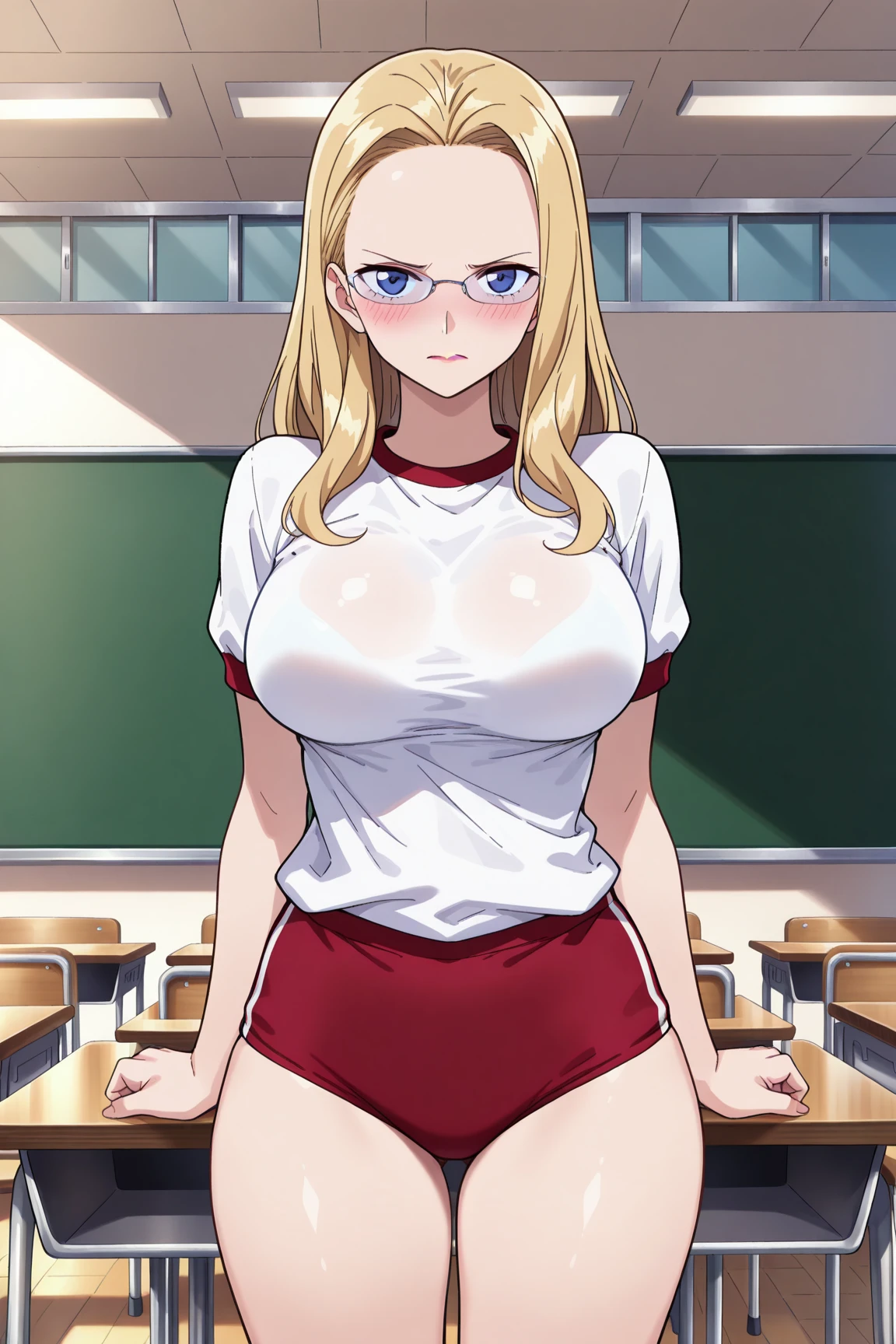 score_9, score_8_up, score_7_up, source_anime, solo, 1girl, seras victoria, hellsing, blush, shy, looking at viewer, arms behind back, blonde hair, hair over one eye, blue eyes, pink latex mini bikini, string thong, bimbo, bimbofication, bimbo girl, bimbo clothes, bimbo clothing, bimbo makeup, bimbo lips, classroom, teacher, teaching, smug, dominant smug, femdom