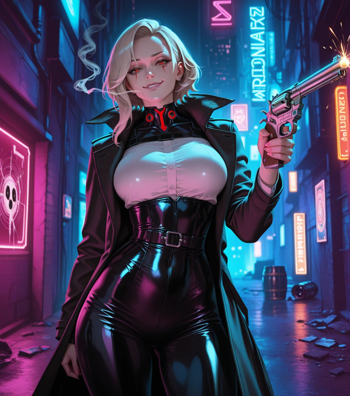 Solo, 1girl, (ThePit Bimbo:1.2), White hair styled in loose waves, coat on shoulders, (swain:0.8), assless chaps, cleavage focus, dark makeup, 8k, high definition, huge resolution, (huge lips:1.2), moody lighting, glowing skin, nipple definition, blue eyes, eyelashes, high cheekbones, bubble butt, narrow waist, wide hips, huge breasts, breast enhancements, sexual expression, battlefield background, hyper tits,