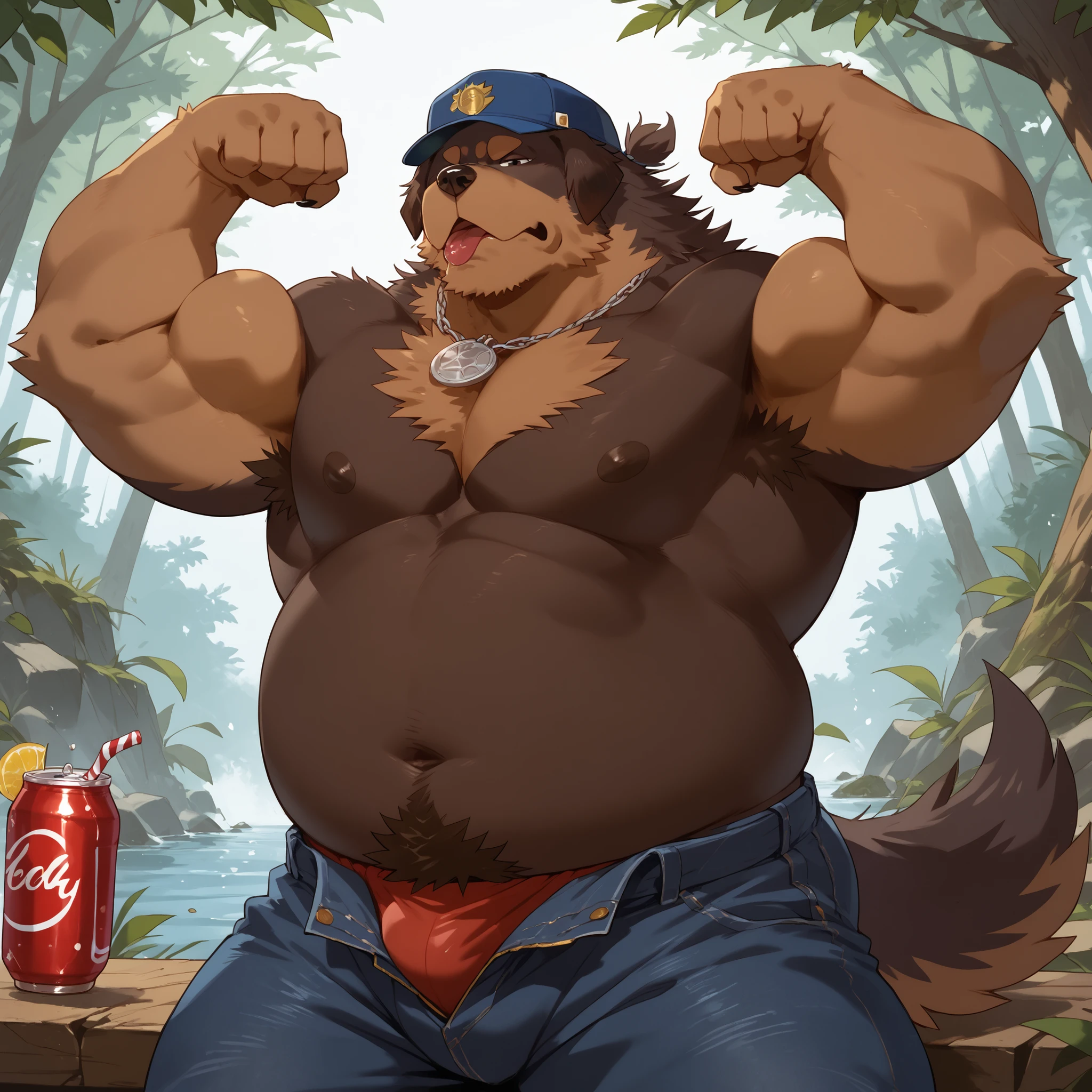 Solo, male, wolf, flirting, flirtatious, (((black body, all black fur, no white fur, no fur pattern, plain fur, plain black fur, black fur))), ruffled fur, detailed fur textured fur, snout, long snout, teeth, smirking, smug, detailed eyes, muscular, (posing:1.5), mature male, father figure, dilf, daddy, fangs, massice biceps, wide waist, broad shoulders, strong thighs, white teeth, black hair, very short hair, beard, facial hair, body hair, detailed hands, well drawn hands, big bulge, detailed bulge, detailed crotch, bulge outline, detailed gential outline, camo cargo shorts, ripped, shirtless, dogtags, drinking beer, drunk, night, dramatic lighting, standing, by darkgem, by mystikfox61, thick body, very strong, buff as Hell, (muscular:2.0), musclegut, beer belly, chubby