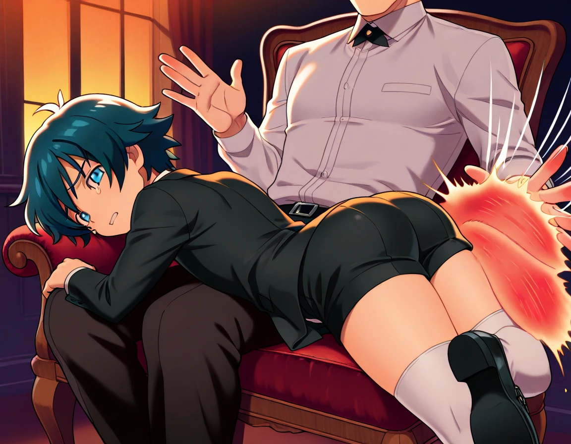 score_9, score_8_wonderful, score_7_wonderful, sauce_anime ,Inazuma Eleven,Male Focus,1 male,No pants,Auction,On all fours,Place your hands on the floor,penis,Leash color,View your viewers,Squat,humiliation,Obedience,Blue tie,blazer,Black Hair