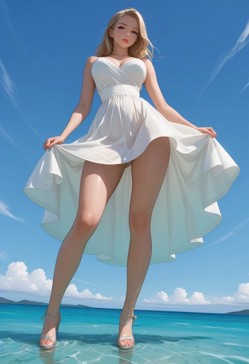 meadow, blue sky, white cumulonimbus, contrails, shining sun, meadow grass swaying in the wind, photo quality, live action, reality, transparency, realistic depiction, 8K quality, UHD, DSLR, high quality, film grain, fujifilm XT3, girl in white camisole dress, standing figure, barefoot, hair swaying in the wind, hair up to shoulders, big, big eyes,