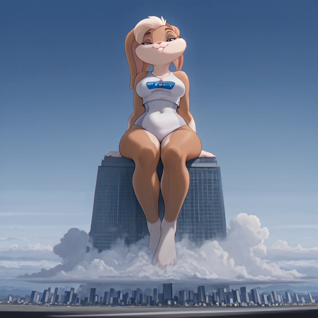 1girl, blonde_hair, blue_eyes, earrings, glowing, leotard, lips, looking_at_viewer, building, city, skyscraper, solo, thighhighs, white_legwear, <lora:rapscallion2:0.7>