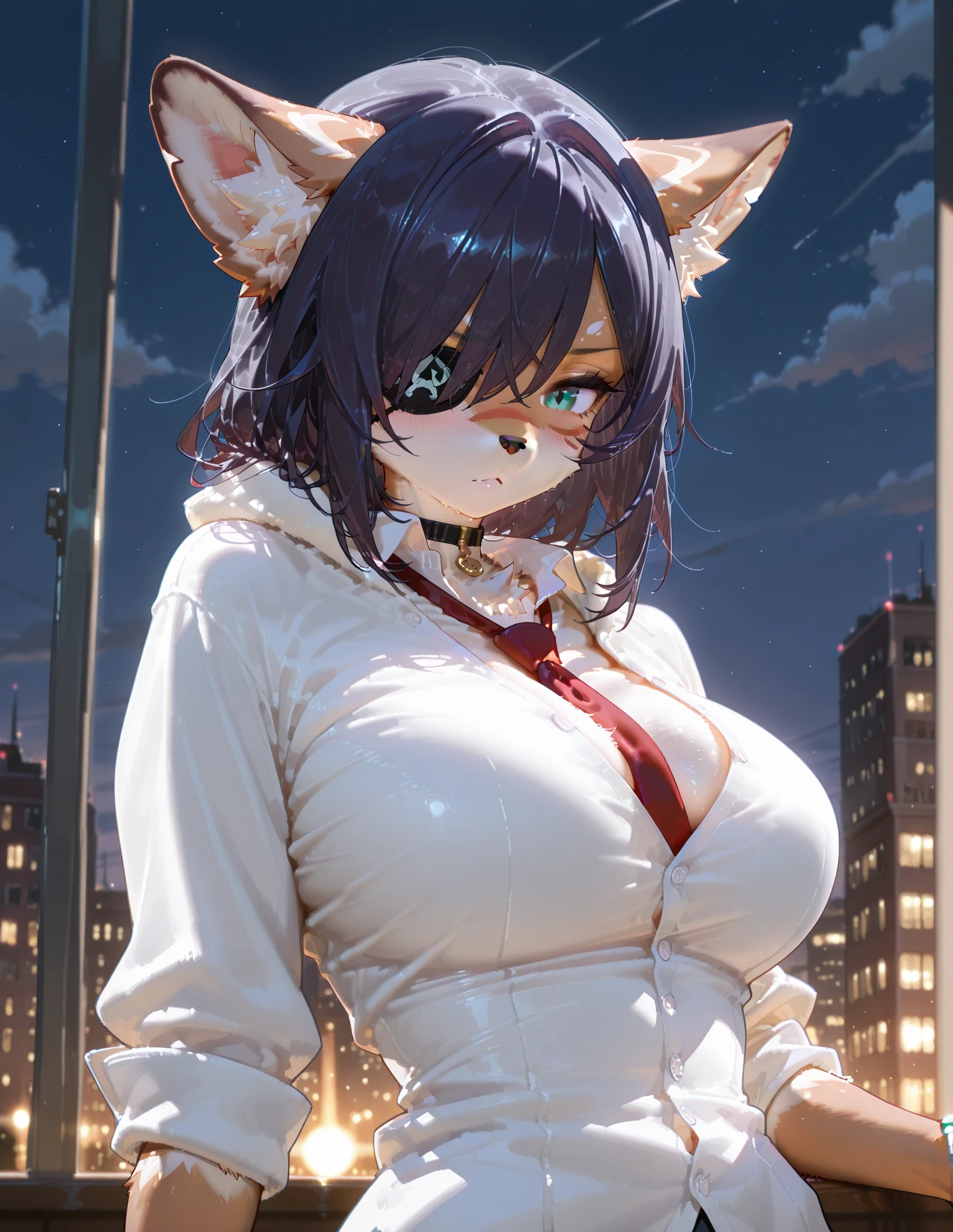 2girls, doing anything, any pose, massive breasts and hips and butt, fur color and pattern, any eye color [Heterochromia allowed], ((Fluffy fur and tail)), full face blush, any expression, doing anything, any pose, rooftops, night, cat, any weapon, sci fi, armed or unarmed, undersized maid outfit, cat