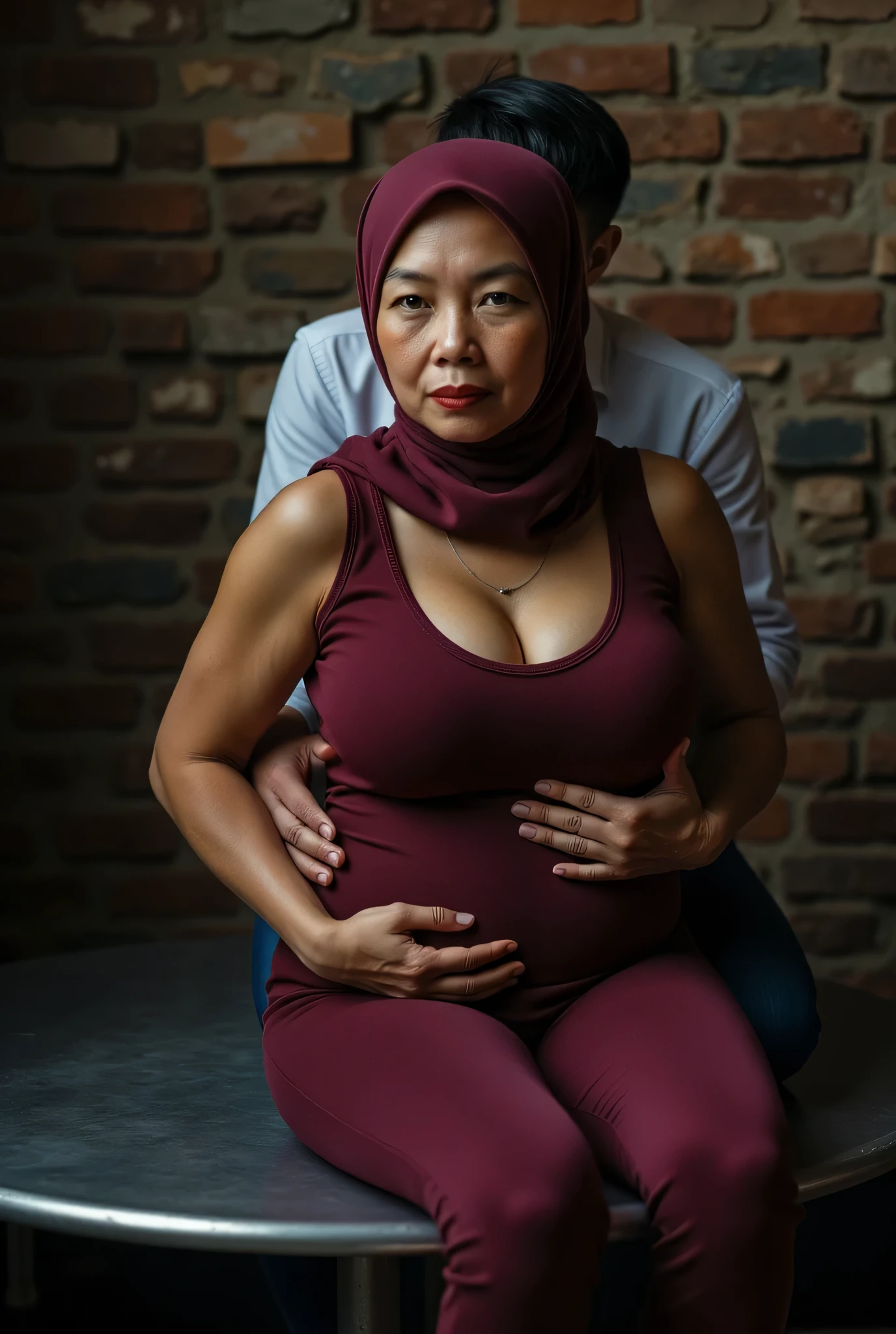 (The stitching is very neat), very old lady Wearing Hijab perfectly , wearing Scoop Neck Sleeveless maroon Bodysuits G-String Thongs sinlet swimsuit , (KEDUA BELAH TANGAN DILETAK LETAKKAN DIBELAKANG PUNGGUNG) PLEASE DON'T PUT ANYTHING ROPE!!!
BBW HIJAB INDO MALAY Jumbo (Singlet ), 1 girl, MOODY FACE EXPRESSION , Half body portrait, (face details: 1), (Eye details: 1), ((Big breasts)). Cute posed. proportional body. ultra high res. realistic: 1.4, UHD, ((bigger:2.3)), (((dark background))), Background worn old brick wall , arms Bodybuilder Auntie, Sitting on a round table stainless steel, "kissing Embraced my breasts from behind by a handsome young small men with neat short hair"