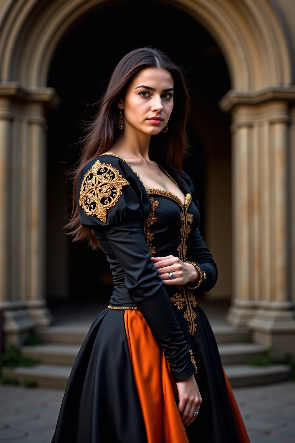 A RAW anime illustration of beautiful (M36D0n:1.1) woman,upper body,smile,hair_over_one_eye,black tiara,(blpnde_hair:1.2),oriental costume,town,victorian architecture,(masterpiece,best quality,hires,high quality,by professional artist,ultra detailed,extremely detailed,absurdres,incredible resolution:1.2),PA7_Portrait-MS,