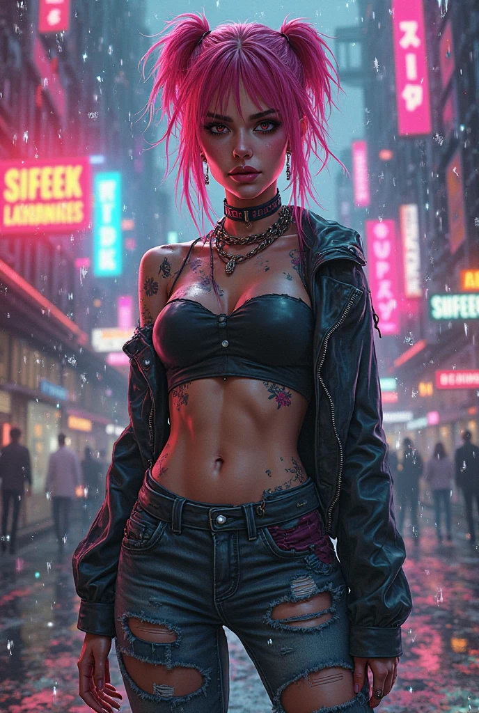 Girl , Ropa cyberpunk, open jacket , Firearms, callejon cyberpubk, neon details, tattoos ,big breasts