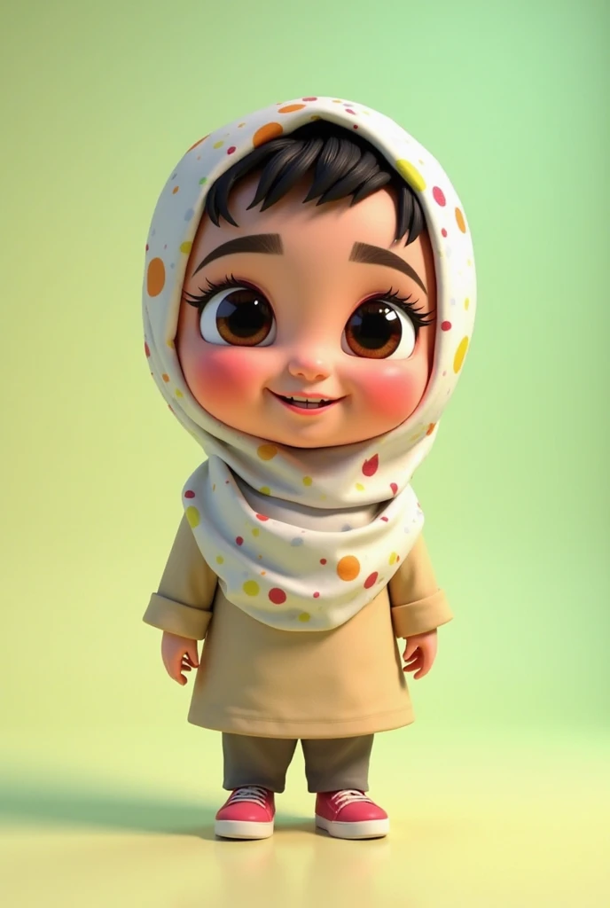 a small child wearing a headscarf with a wide smile and protruding front teeth, wearing a yellow shirt and carrying a small purple bag