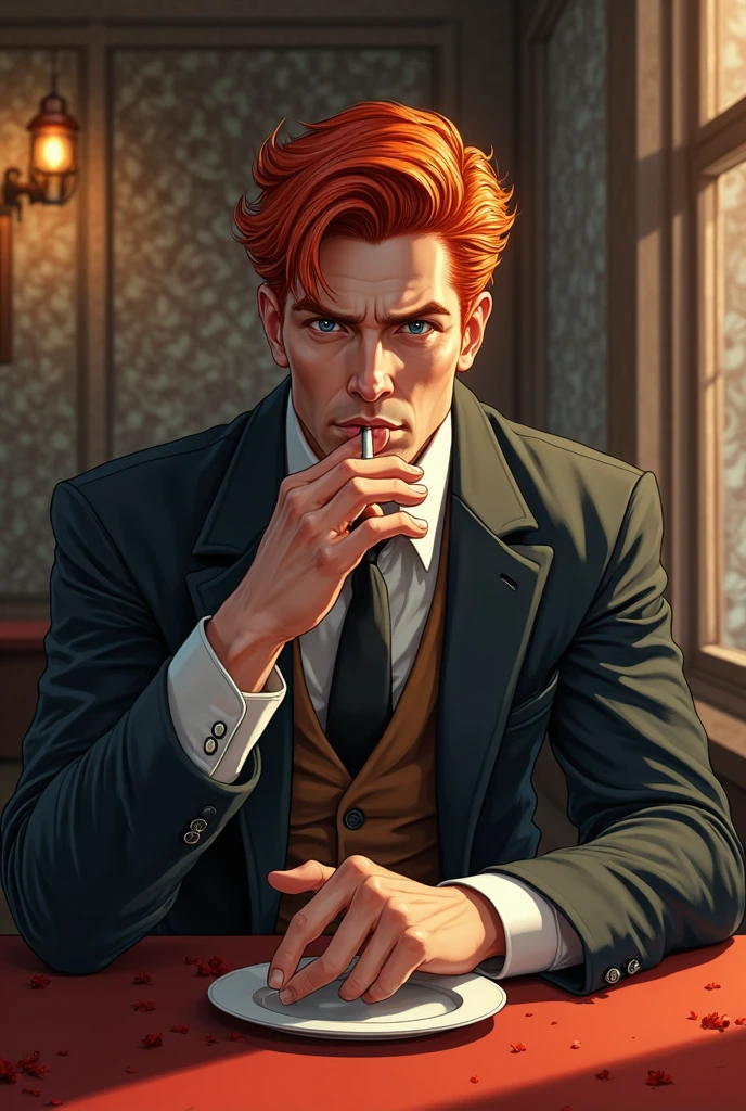 Realistic Digital Painting with Concept Art Elements"," digital painting," "concept art," "realistic," "high detail", "muscular",, "high-res", "ominous aura,", "8k resolution", "oil painting", "darker tone" , "little saturation" ,"dark feeling", "dirty art-style", "concept art" , "detailed features" , "detailed eyes" "1man" , "shoulder length ginger hair" , "sharp features" , "handsome" , "blue-eyes" , "long sleeve shirt" , "pants" , "smoking a cigarette" , "full body" , "toned body" , "dangerous looking" , "loose tie around neck" , "Adam's apple" , "masculine" , "extremely short beard" , " dark circles under eyes" , "boss"