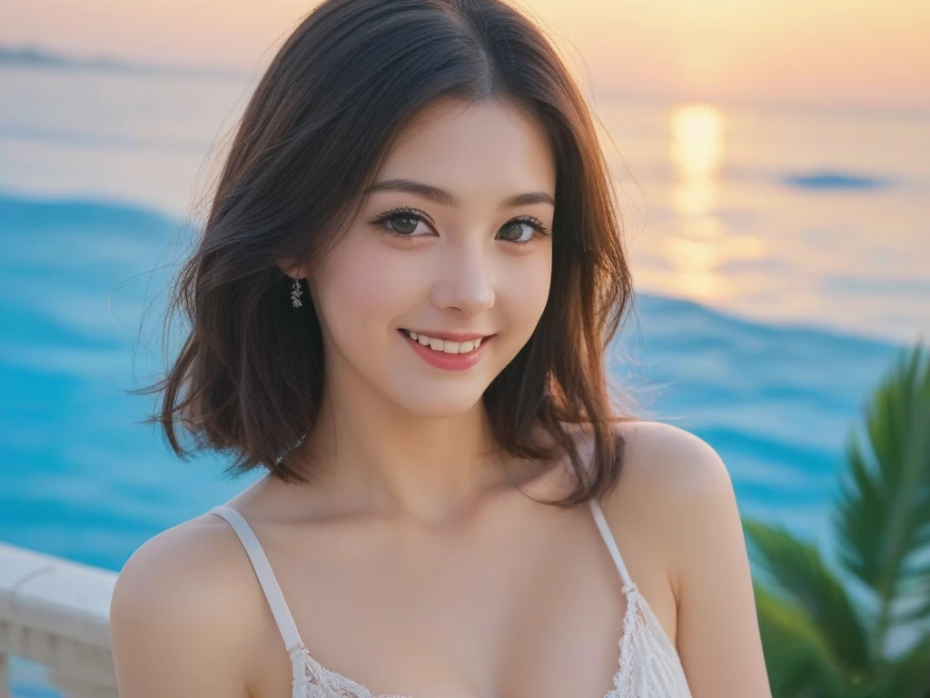 (1young girl:1.2), (bob hair), (happy smile:1.2), (big round eyes:1.2), (bikini), (cleavage), (Best Quality:1.4), Realistic, extremely detailed CG unified 8k wallpaper, highly detailed, High-definition raw color photos, professional photography, Realistic portrait, Beautiful detailed, Outdoors, (beach), (beach at night:1.4), (aurora in the sky), Backlit, (dazzling light), (Fine face:1.2), Close up portrait of girl,