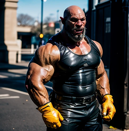 (masterpiece, intricately detailed, highest resolution, best quality:1.2),a cocky Russian hunk, a 80 y.o muscle dad with a muscular physique sitting on a chair with black eyes,fair-skinned male, bald head, huge beard, mutton- chops,flaccid penis,saggy balls, ((wearing a MCAmerica uniform inspired catsuit)), ((excessive cum:1.2)), ((cum on body:1.2)), cum drip, hairy chest,vascular,muscle striations,soft light,fantastic realism,
