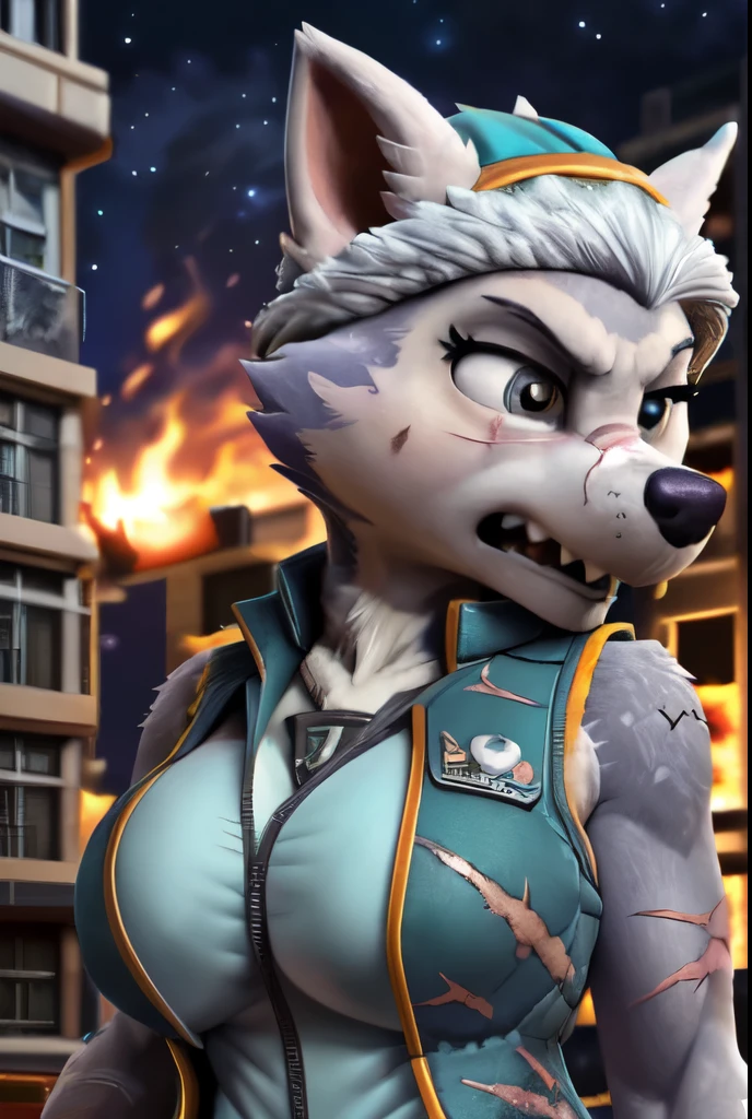 Gasket, ((Paw Patrol)), ((female solo)), domestic dog, female, adult female, (brown eyes:1.25), (gray fur:1.45), ((gray body)), (wearing aqua vest:1.85), (wearing winter aqua hat:1.25), (large breasts:1.25), (huge breasts:1.25), (hyper breasts:1.55), (hair over eyes:1.25), (white hair:1.25), ((sharp teeths)), ((large fangs)), gray eyes, (Shiny eyes:1.6), ((Pixar eyes)), perfect eyes, ((glowing eyes)), (hyper realistic:1.65), long fluffy tail, very large tail, tail up, very furry and fluffy, ((very large fangs)), perfect ligthing, (Cyberpunk city at night background:1.25), (building at fire at background:1.65), (front side view:1.45), looking at Viewer, ((seductive break)), ((spread legs)), spread legs, (rajii:1.1) (dimwitdog:1.1), (thesecretcave:1.25), (cooliehigh:1.1), (miles-df:1.1), (complextree:1.1), (pixelsketcher:1.1), (foxovh:1.1), (zaush:1.1), (avante92:0.70), (meesh:1.1), (inu-sama:0.80), (cervina7:1.1), (F-R95:0.70), (R-mk:1.1), (xpray:1.1), (standing tall:1.65), (large fluffy tail:1.65), (close up to face:1.35), (angry expression:1.45), (scars all over her body:1.65), (starry:1.25), (nebula:1.25), botw style, (anthropomorphic:1.85)