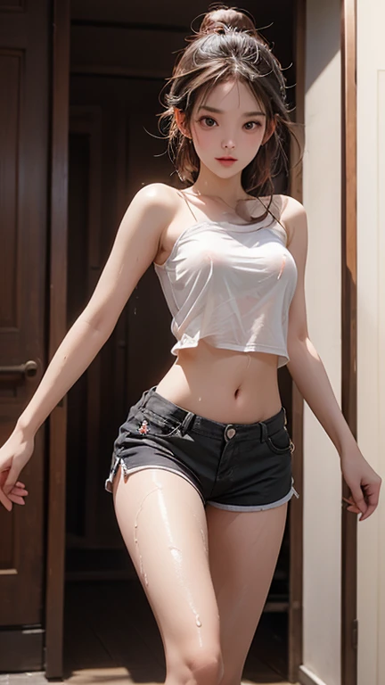 Girl in white bra and tight denim skirt posing for photo, full body, with cropped T-shirt, bra, slim body, smaller bust, slim girl model, 24-year-old female model, lying on the construction site, a group of black men onlooking