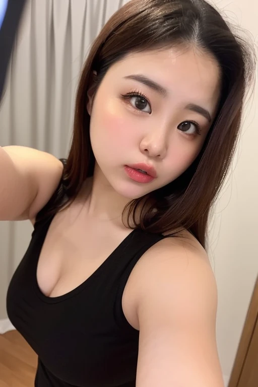 ((Best quality, 8k, Masterpiece :1.3)), 1girl, Pretty woman with slender abs, (Long hair, Ultra-detailed face, Detailed eyes, Double eyelid), small breast, pink tank top, shorts jeans, dynamic lighting, depth of field, model pose, people crossing in background