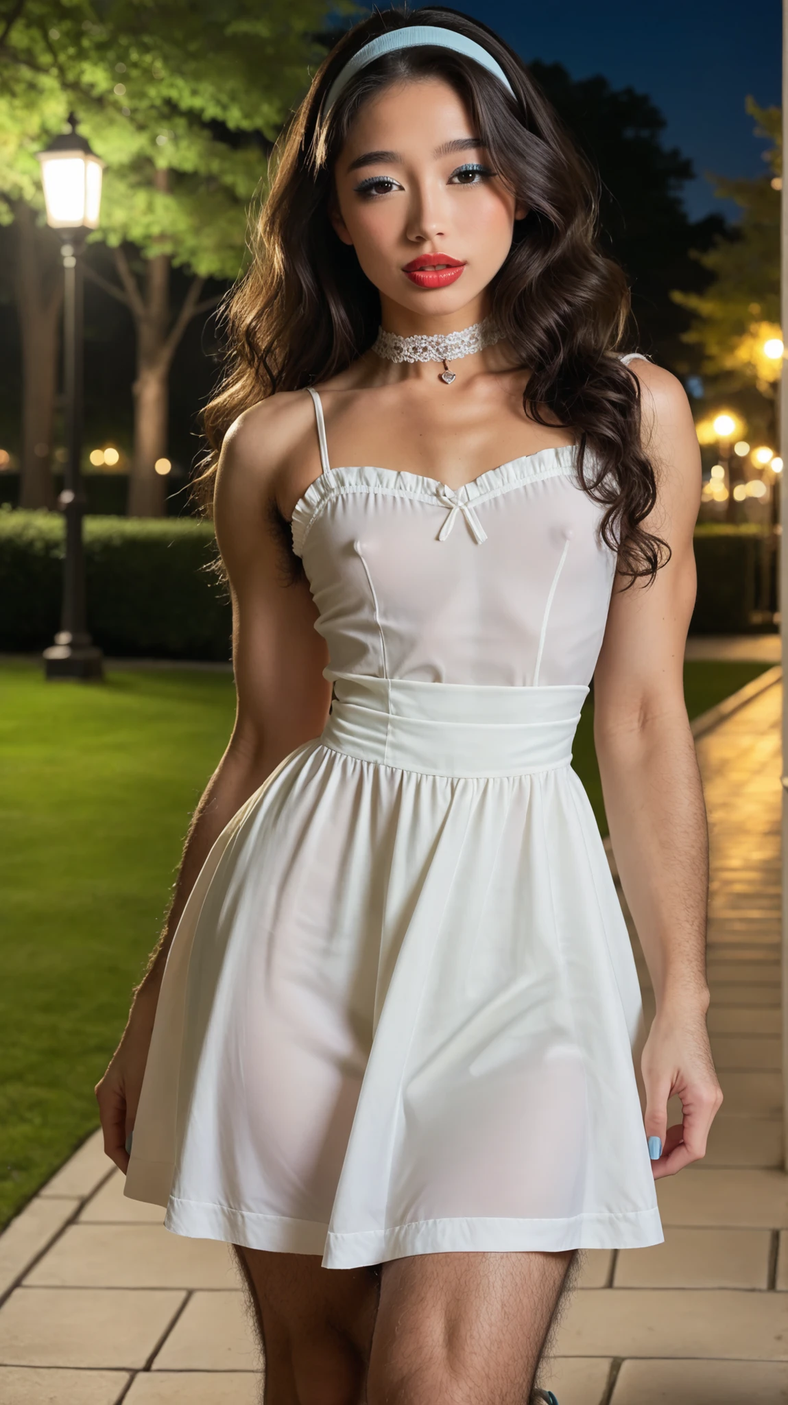 "(best quality,highres),a thin girl in a garden,beautiful detailed eyes,beautiful detailed lips,extremely detailed eyes and face,long eyelashes,soft lighting,ultra-detailed,flowing skirt,silky stockings,masterpiece:1.2,subtle hues,camisole top,graceful pose"