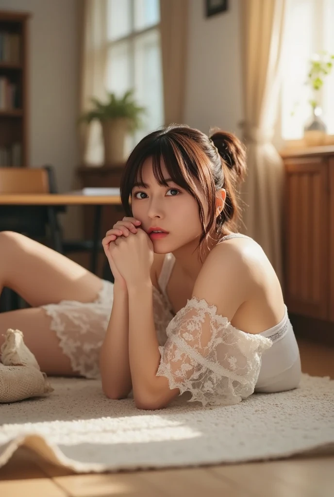 (((Kamimei、Mouth ajar))),(((((Traditional kimono、floral Yukata、amorous、Wabi-sabi、NSFW,humble、lick the candy carefully、raise her legs))))),((Yoshiwara、2nd floor Japanese room、natta、frombelow))、masutepiece, 1girl in, best qualtiy, Ultra Detail, (shiny), (Small)、(((with blush cheeks,))),Ray tracing,Perfect Lighting, (milky skin:1.2),reflection, up looking_で_viewer, blush, bow ribbon, Medium Curl Hair、yellow_Eyes, Low_Twin-tailed、Japan's cutest 28-year-old beautiful girl、Small ribbons in the hair
