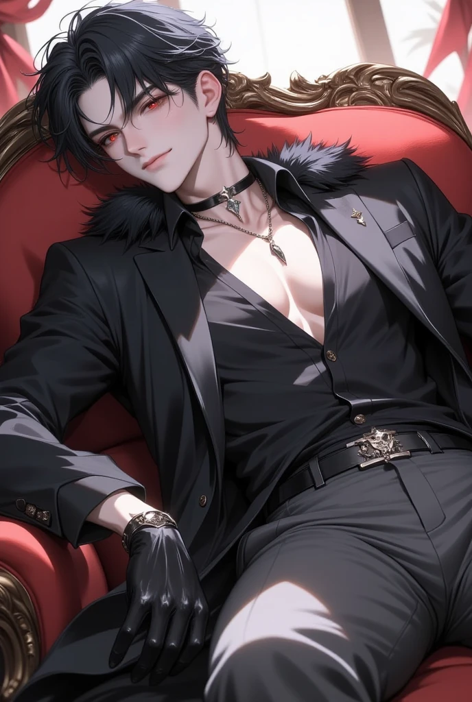 (absurdres, highres, ultra detailed), 1 male, adult, handsome, tall muscular guy, broad shoulders, finely detailed eyes and detailed face, black very long hair, gray eyes, handsome, fantasy, gothic, wolf ears, wolf tail, Sunlight, Fantastic light and shadow, Scenery, portrait, vampire fangs, open mouth, sexy, attractive, full body, tongle, no clothes, no shirt,, Dog Collar, bangs, cute face, sitting on the couch, black leather pants, no shirt