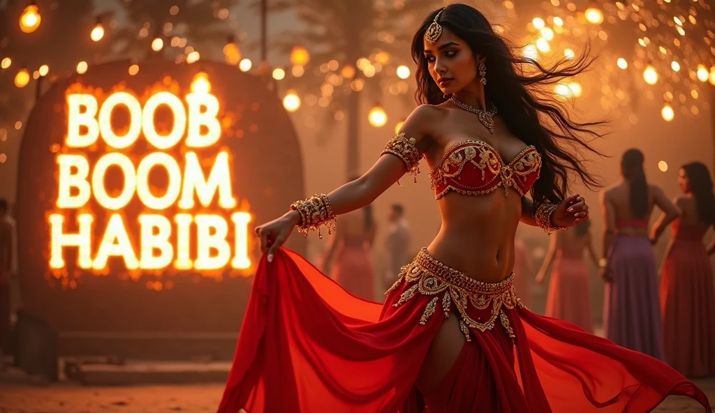 People at a far distance watching Sunny Leone getting fucked by man on stage at a crowded carnival at night ,  Face Veil
