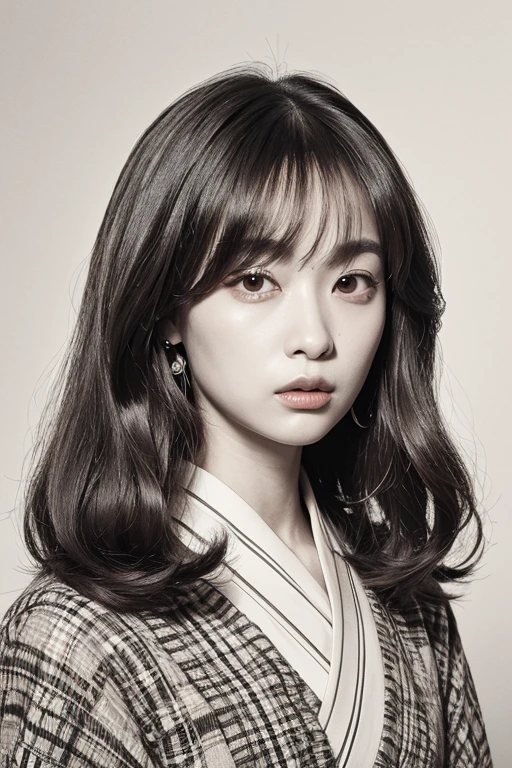 1girl, solo, monochrome, greyscale, looking at viewer, upper body, shirt, short hair, lips, blush, closed mouth, simple background, traditional media, parted lips