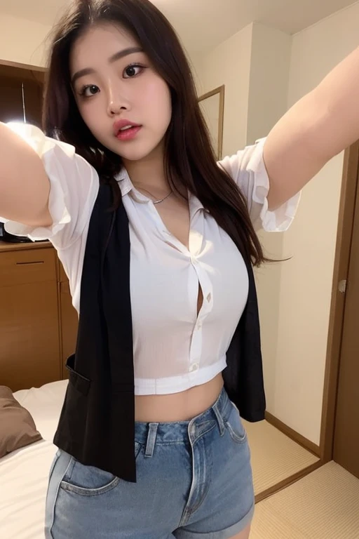 ((mid night、top-quality、8K、masterpiece:1.3)), full body Esbian, long legged, foco nítido:1.2, Beautiful woman with perfect body shape:1.4, Slender Abs:1.1, ((dark brown hair、Colossal tits:1.2)), (White tight t-shirt、JINS:1.7)、(is standing:1.2), ((Night City View、On the rooftop:1.3)), Highly detailed facial and skin texture, A detailed eye, 二重まぶた、(shirts lift:1.6)、(She pulled up the hem of her shirt herself、Bra exposed:1.9)