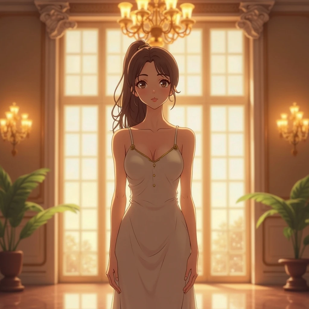 A fair-skinned elegant woman with dark hair and brown eyes is captured in a black dress, in 4K quality, in the style of digital illustration inspired by Hayao Miyazaki, standing in front of a window. the dress, a deep v-neck, is cinched at the waist with a strap that crosses over the shoulders. the woman's gaze is directed towards the right side of the frame, while her left hand is casually placed on her hip. the backdrop features a window, with a white curtain hanging in the upper right corner. the lighting in the scene is natural, with the sun casting its rays on the woman's face and shoulders.