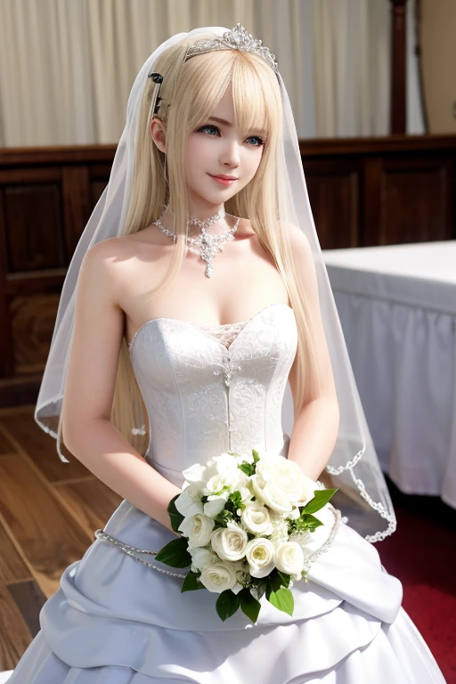 masterpiece,Highest quality,Very detailed,beautiful girl,Beautiful and gorgeous wedding dresses,Frills,bride,Silver Tiara,Blonde,A lot of gems, teenager,Perfect Face,Beautiful and detailed eyes,Green Eyes,Beautiful Skin,skinny,Small breasts,Dynamic,Majestic church facade,Lots of flowers,Petals Fall