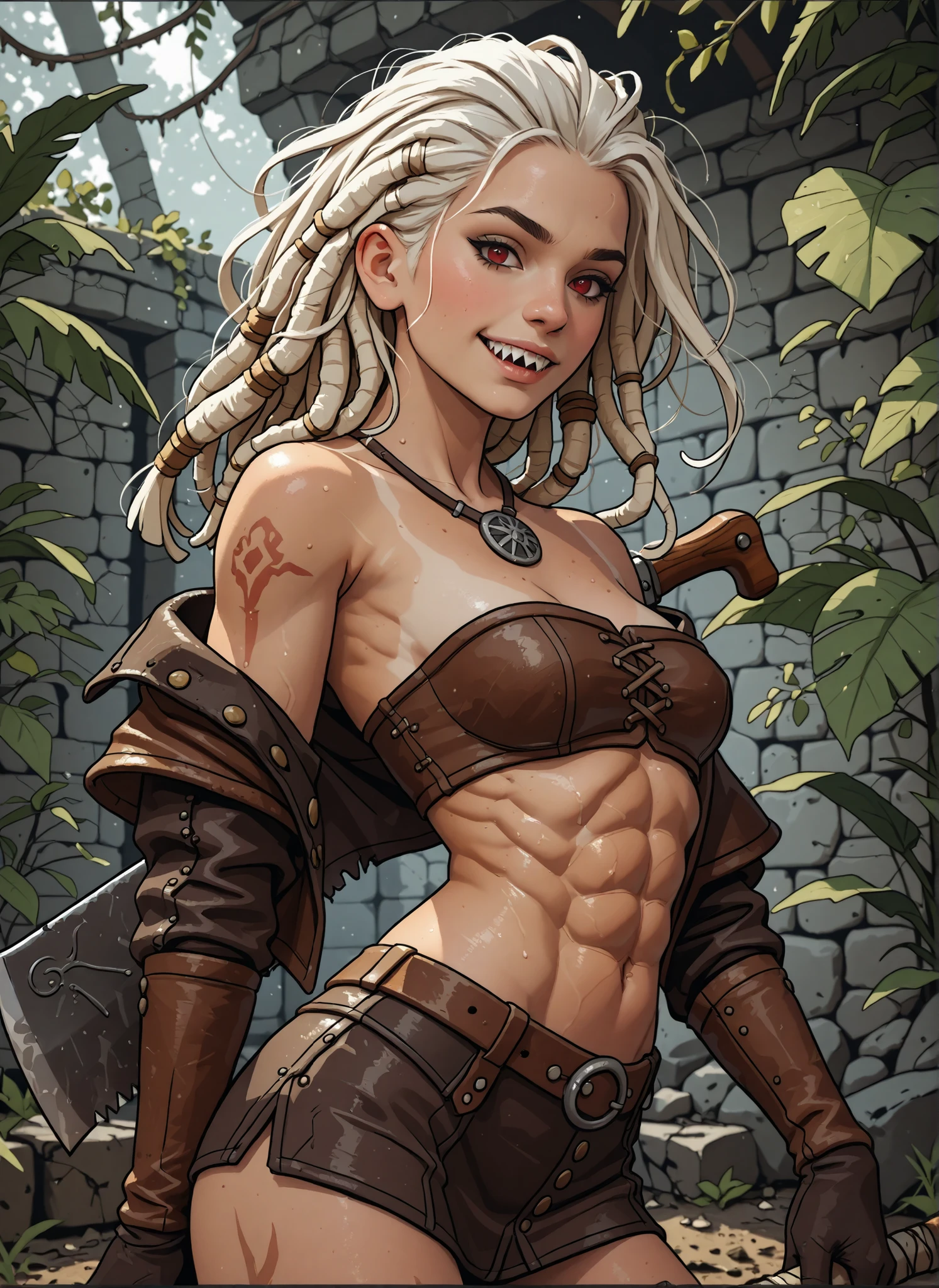 Slender body. White skin. Cute 18-year-old Asian girl with Asian red eyes and sharp teeth and dreadlocks with white highlights. She has a cute and beautiful face. She has a round and young face with a pointy chin. Her body is athletic with abs. She wears medieval an intricate medieval leather clothing with buttons. Background: medieval jungle ruins. Realistic lighting. DnD art-style. Looking at the viewer. She's got a massive cleaver on her back.