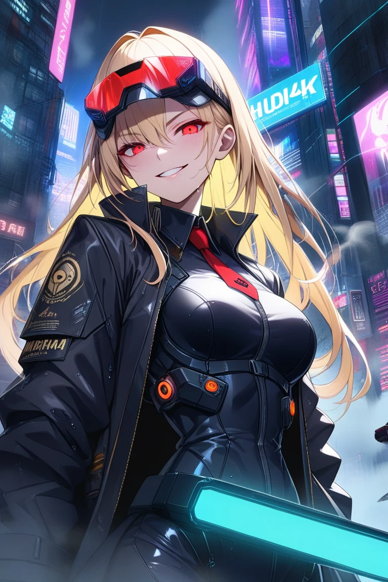 (masuter piece,Best Quality,Ultra-detailed), (A detailed face), (front-facing view), Young Girl, Blonde long hair, High Ponytail, (graffiti wall:1.2), 1lady, body suit, Black and red jacket, blue eyess, full bodyesbian