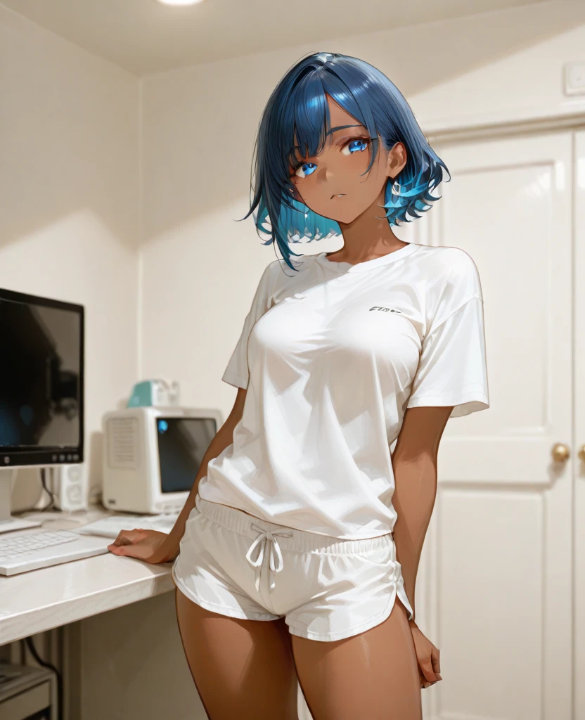 masterpiece, best quality, highres, absurdres, 8k, 4k, official art, 1girl, blue hair, blue eyes, short hair, sitting, white t-shirt, small breasts, facing viewer, full body pic, wearing only a t-shirt,