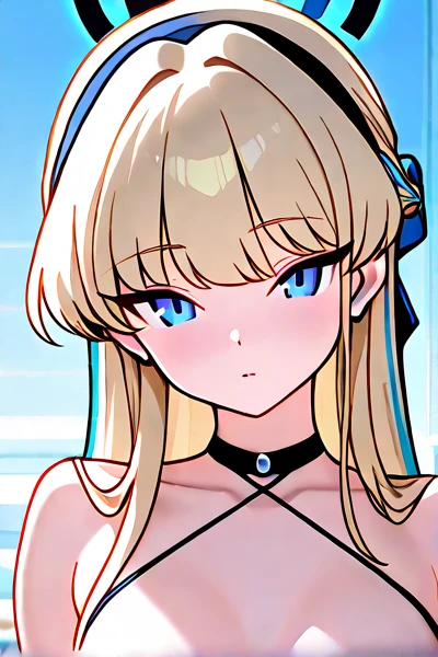 Create an image of a young woman with blonde hair, white skin, blue eyes, clearly visible internal organs. swimming pool background
