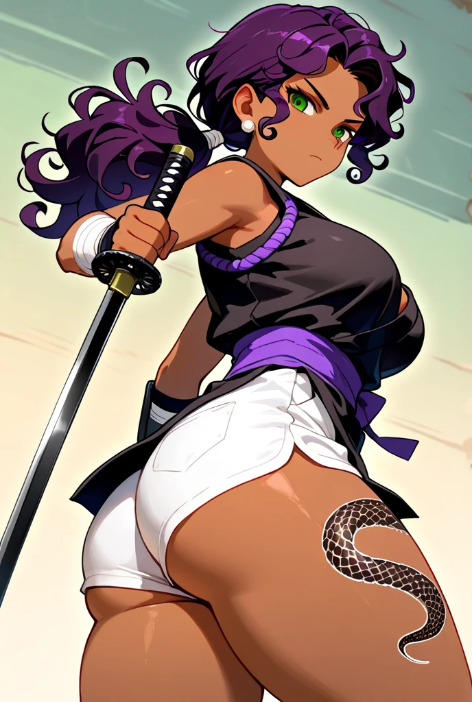 (1980s anime), a dark-skinned young milf with a big thighs dressed in a samurai costume, (holds a katana between her thighs:1.4), High quality, highly detailed, masterpiece, 4k, RAW photo, best quality, (shot from below:1.4), (ahegao:1.4) dynamic pose, huge breasts, showing cleavage, wide hips, thin waist, realistic skin, beautiful colorful, black light painting,, Cinematic lighting, lush illumination, Maya render (Solo:1.1), retro fashion, muted pastel colors