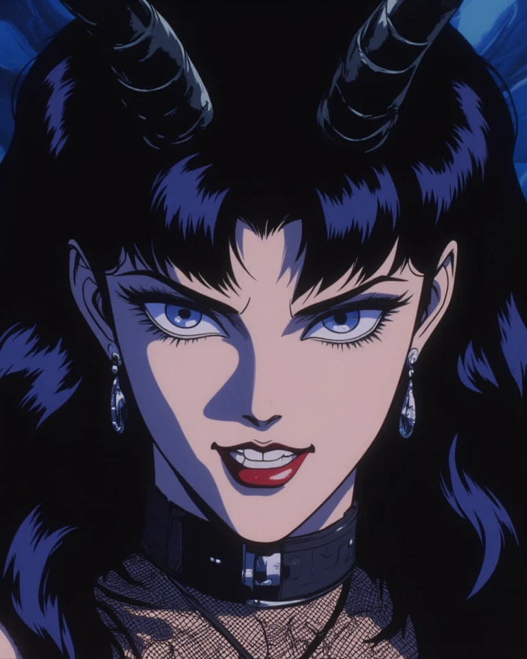 gothic, 1980s style, satanic anime illustration of a (seductive Goth woman with pale white skin and straight black hair), corpse paint, dark gothic makeup, wearing bloody rose slip dress, huge breasts, cleavage, [downblouse], pentagram necklace, snowy background, bold colors, stencil lines, hires scan, erotic, medium closeup, panoramic, breast worship, retro style, (by Mamoru Oshii)