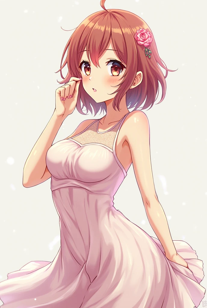 Girl, slim, pale skin, pastel brown eyes, freckles, pastel orange hair, ginger, short bangs, low buns, beautiful, tiny, flat, soft, delicate, playful, smiling, wind, holding her dress up, showing pink underwear, sexy, mini dress, revealing, innocent