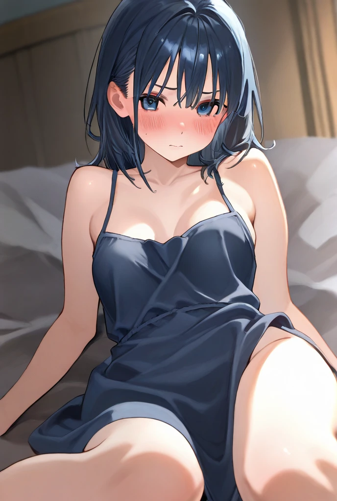 nsfw:1.2, (Masterpiece), Best Quality, ultra-detailed, perfect hands, Delicate eye expression, 1girl (rinko_iori, Sexy, Slender and sexy body, huge breasts, naked body, Gray-haired hair, long hair, blue eyes (empty eye)),solo,closed mouth, nude, torn maid , maid headdress, torn clothes,on the living room floor, lying,spread legs, Rinko is covering her chest with her arms crossed., provocative pose, Sexy waist teasing