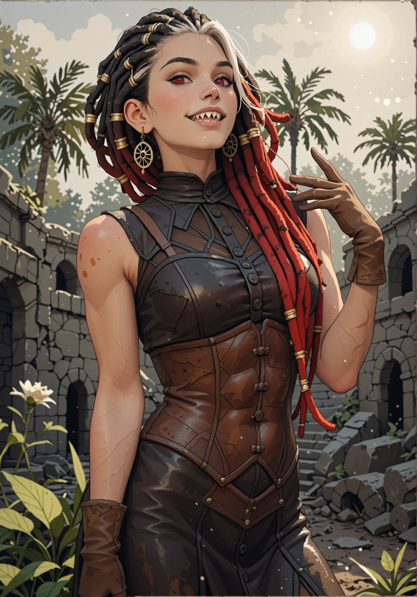 Slender body. White skin. Cute 18-year-old Asian girl with Asian red eyes and sharp teeth and dreadlocks with white highlights. She has a cute and beautiful face. She has a round and young face with a pointy chin. Her body is athletic with abs. She wears medieval an intricate medieval leather dress with buttons. Background: medieval jungle ruins. Realistic lighting. DnD art-style. Looking at the viewer.
