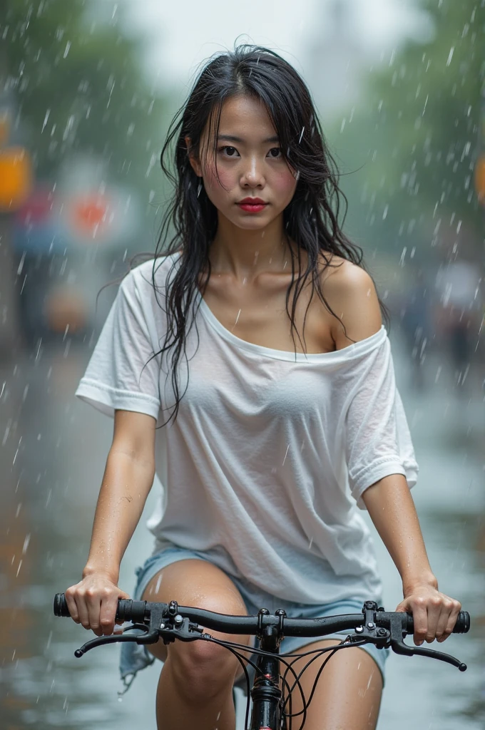 ultra realistic, photography, korean model, girl, 2, hourglass figure, perfect body, small breasts, Flirty look, extremely detailed artgerm, in the style artgerm, facing the camera, lens 35 mm, blur background, walking in the rain, thin white see through plain tshirt, jean shorts, sneakers, walking towards the camera, wet skin, wet clothes, wet hair, messy hair
