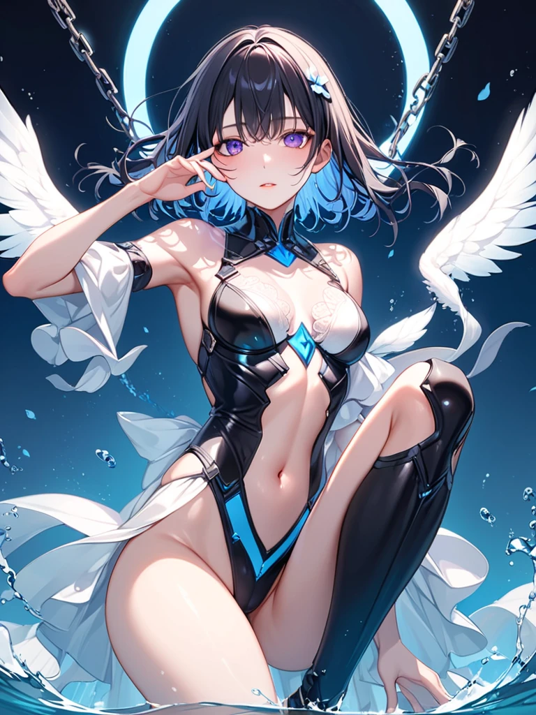 solo seraphim girl standing on peak of snowy mountain, strongly blowing frozen wind, BREAK, (she had black short hair.:1.3), (she is wearing only flapping black sheer short dress.:2.5), (her dress is sleeveless plunging neckline:1.2), (her dress is black short one-piece skirt.:1.5), (her dress has shoulder straps.:1.5), BREAK, collarbone, bared slim arms, bared (thin long legs:1.2), bared neck, BREAK, (large perky breast:1.3), cleavage, BREAK, thin waist, BREAK, smile for viewer, (nose blush:1.2), BREAK, (multiple white wings on back:1.5), (multiple black wings on back:1.5), (12 large wings on back:1.2), BREAK, (orgasm:1.2), breast milk, nsfw, heavy breathing