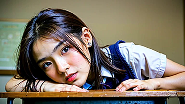 masterpiece, best quality, 1girl, looking at viewer, one piece,, namiOP, , school, school desk,, solo,