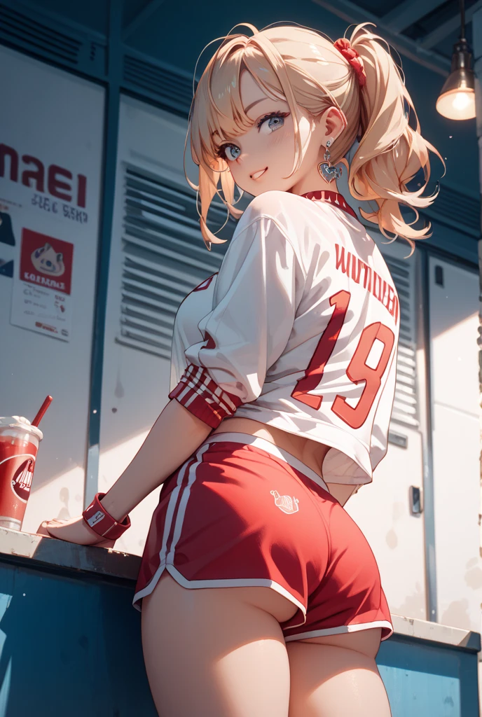 One girl, short t-shirt, skirt, nike sneakers, big ass, perfect breast, slim, cute, sexy, very detailed, exquisite lighting and composition, , 8k, sharp, highly detailed, high resolution, looking back