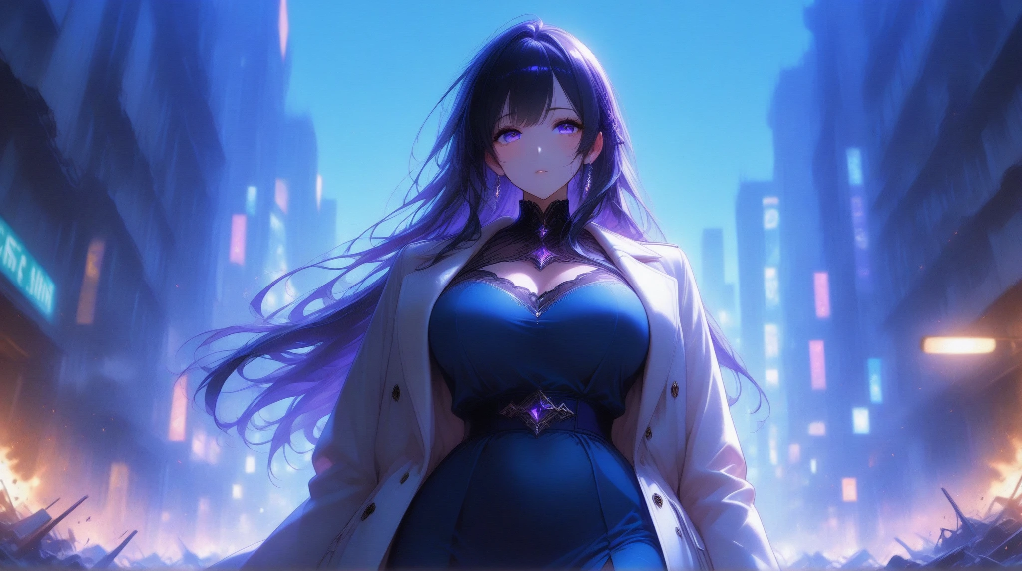 1girl,solo,long hair,bangs,black hair color,light purple eye color,White coat,huge breasts,slender,tall person,looking at viewer,near, night hotel district