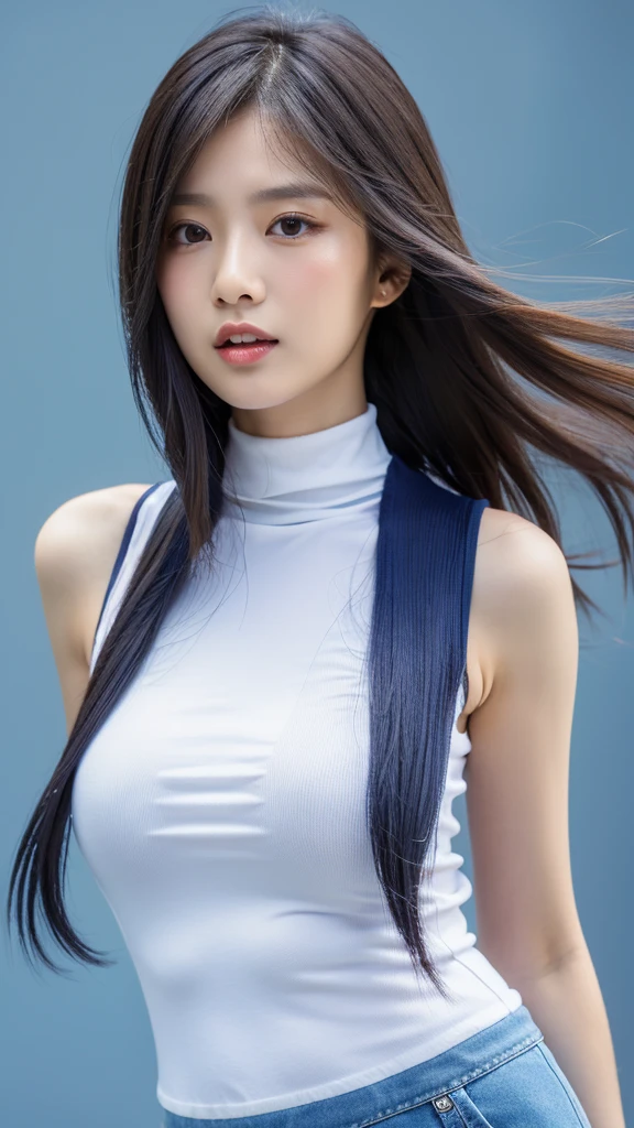 Close-up: A beautiful woman cosplaying as a race queen, standing at a race track with tall, very long legs and big breasts, seen from below
