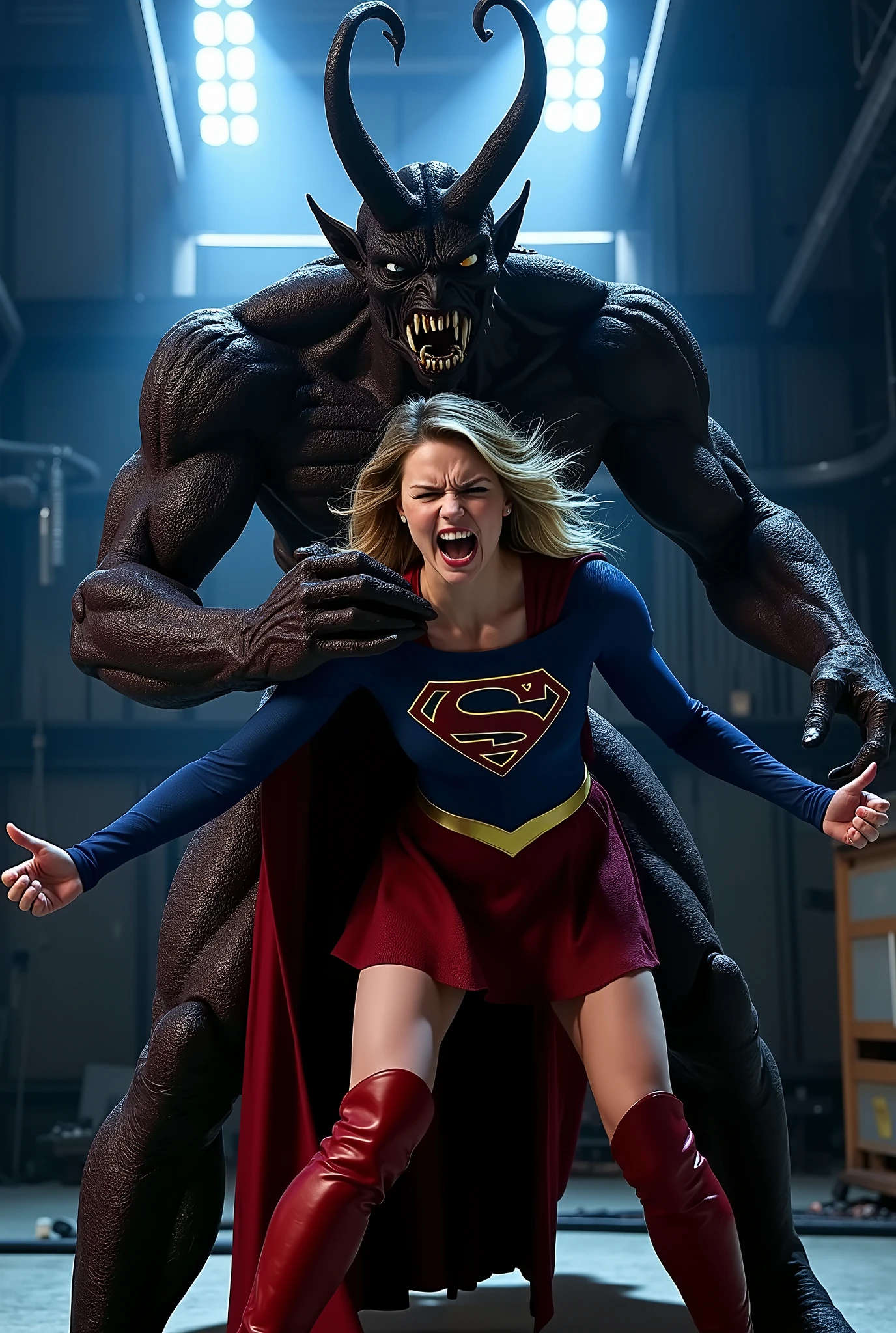 Melissa Benoist as Supergirl, fighting with a strong fierce devil, she is screaming in pain, do not smile, arms behind her back, lighting green collar on her neck, try to resist, wearing a Supergirl costume, blue shirt and very short skirt, red high boots, she is attacked from behind by a huge body devil, A fierce devil is holding her arms tightly from behind, he bite her neck, whole body from head to feet are visible, in the factory, night time, bright spot lighting,