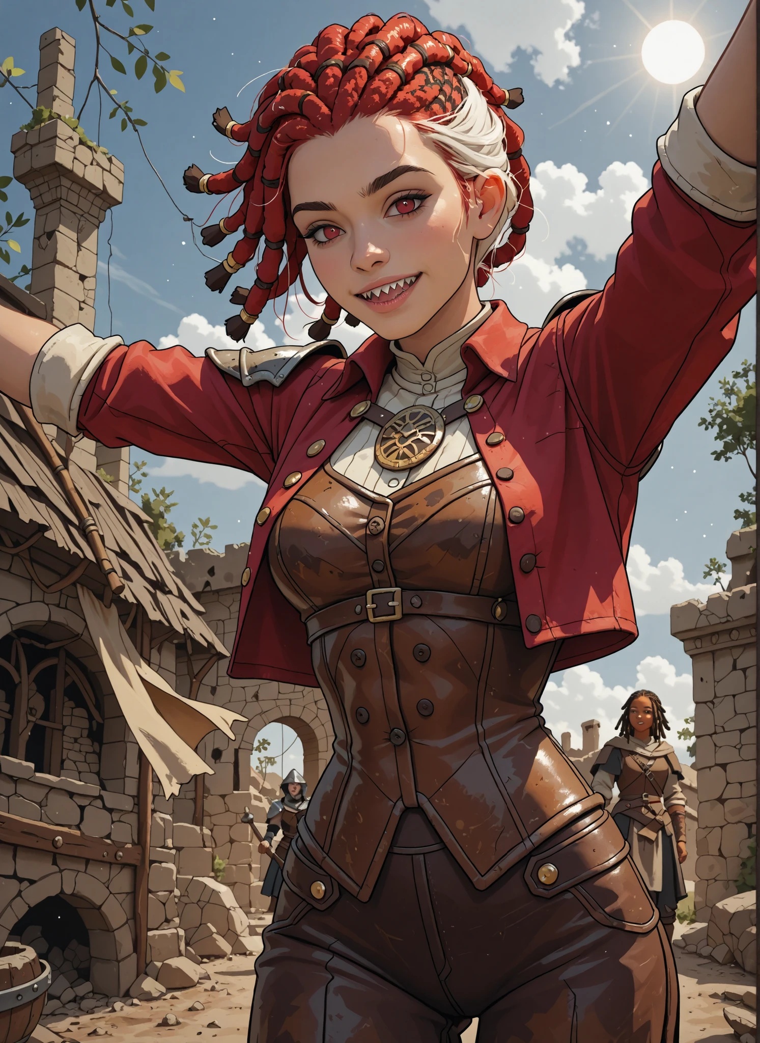 Slender body. White skin. Cute 18-year-old Asian girl with Asian red eyes and sharp teeth and dreadlocks with white highlights. She has a cute and beautiful face. She has a round and young face with a pointy chin. Her body is athletic with abs. She wears medieval an intricate medieval leather clothing with buttons. Background: medieval jungle ruins. Realistic lighting. DnD art-style. Looking at the viewer. 