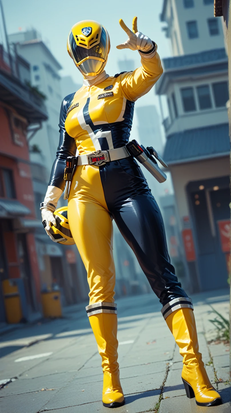 sayudef, full body, smile, blush, outdoors, daytime, simple background, blue sky, short hair, sky, temple, looking at the audience, sitting on the stairs, village, moody lights,., power suit, powerranger, suit, spd, (Power ranger suit), gold detail, masked,