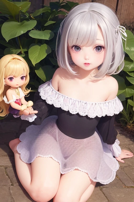 The upper part of the body、One girl has silver hair、Bun hair、Large breasts、Tank tops、shortpants、Japan anime-style odd-eye,Bedrooms