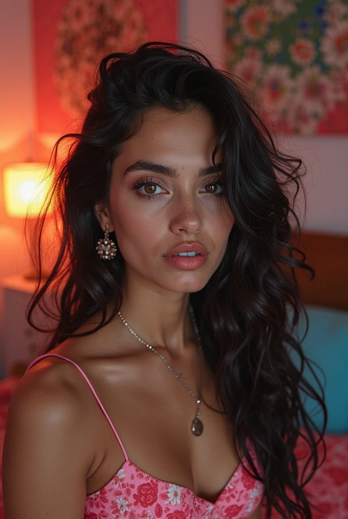 Indian girl, currly hair, topless, small breast, pink nipples, white skin,
